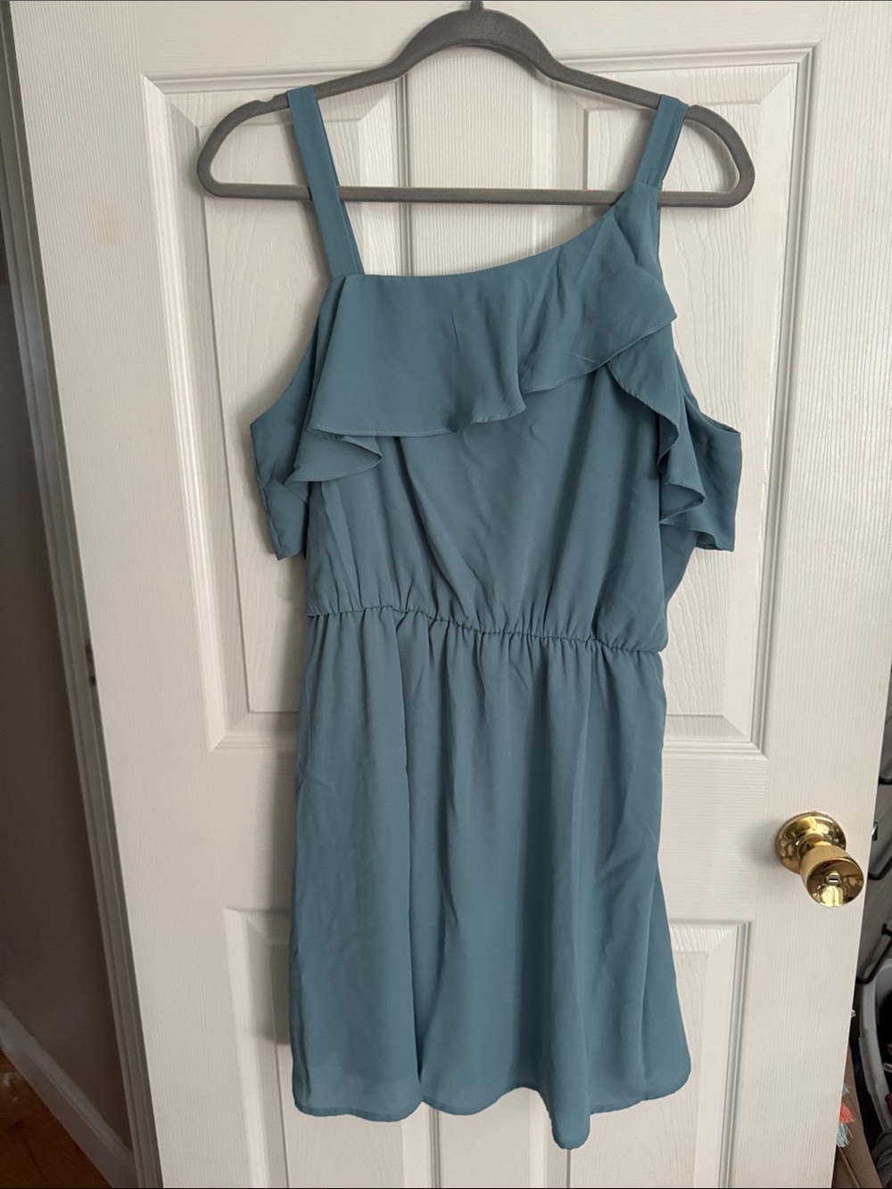 Maurices Teal Blue Ruffle Cold-Shoulder Mini Dress